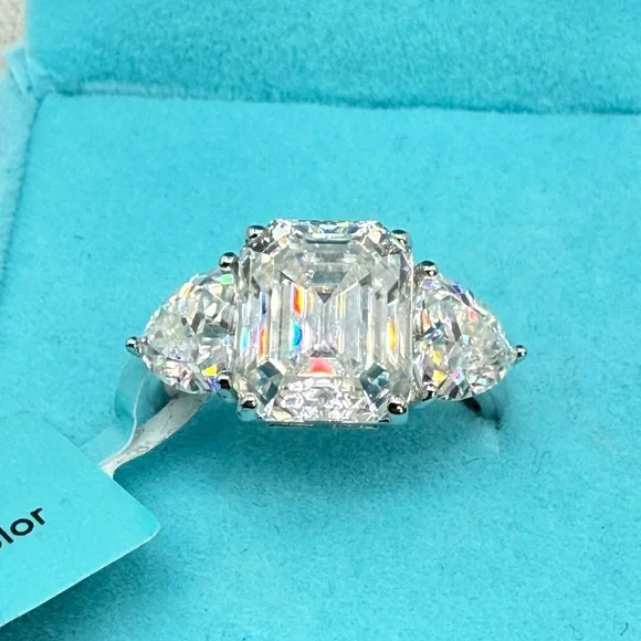 7.40 CTW Moissanite Three Stone Asscher Cut Ring 925 Silver Size 8 NWT - Picture 4 of 17